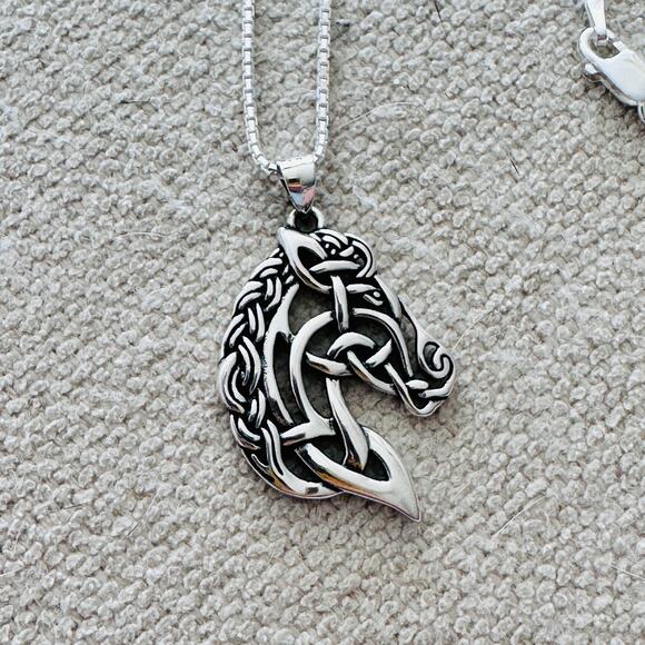 Sterling Silver Celtic Horse Pendant Necklace-18" Box Chain - Picture 5 of 9